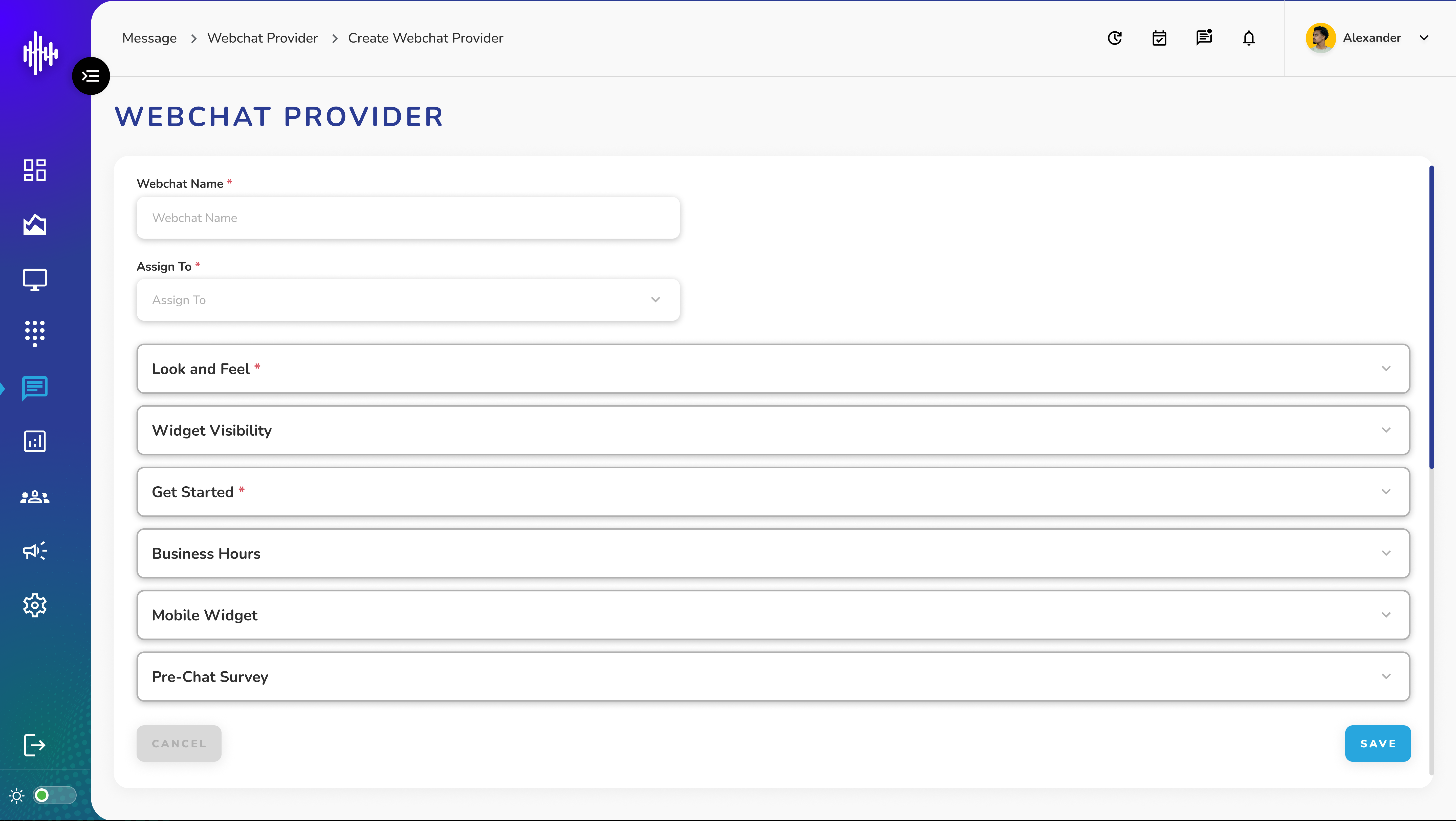 Webchat Provider - Add Screen